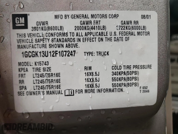 2002 Chevrolet Silverado 1500HD LT z VIN 1GCGK13U12F107247, wystawiony jako Copart lot #51386725 z przebiegiem 201 242 mil mil oraz Szkoda całkowita • Salvage title. Historia ofert i sprzedaży dostępna na DreamBid. Obrazek 12.