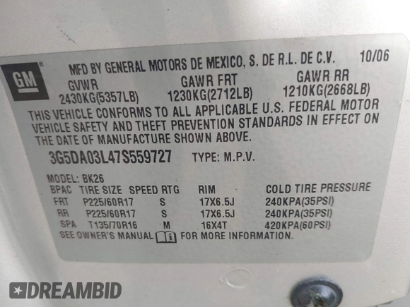 2007 Buick Rendezvous CXL with VIN 3G5DA03L47S559727, listed as a IAAI auction lot 40812138 with 182,336 mi miles and . Bid and sale history available at DreamBid. Image 9.