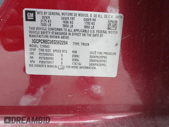 2014 Chevrolet Silverado 1500 LT with VIN 3GCPCREC9EG562284, listed as a IAAI auction lot 41892845 with 108,330 mi miles. Bid and sale history available at carsss.com. Image 9.