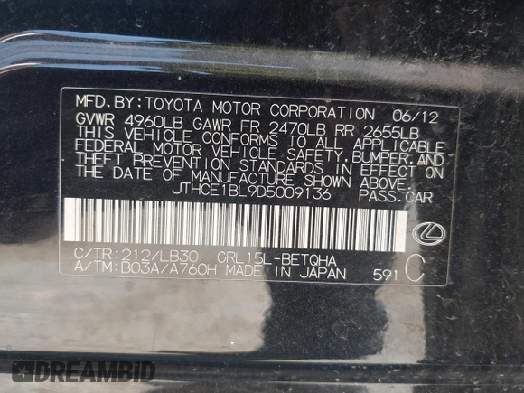 2013 Lexus GS 350 with VIN JTHCE1BL9D5009136, listed as a IAAI auction lot 41899424 with 120,367 mi miles and . Bid and sale history available at DreamBid. Image 9.