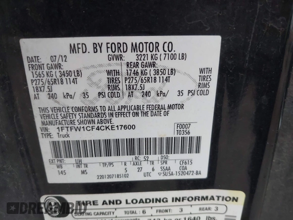 2012 Ford F-150 XL with VIN 1FTFW1CF4CKE17600, listed as a IAAI auction lot 42120211 with 202,613 mi miles. Bid and sale history available at carsss.com. Image 9.