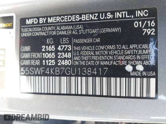 2016 Mercedes-Benz C 300 Luxury with VIN 55SWF4KB7GU138417, listed as a IAAI auction lot 41696331 with 90,879 mi miles and . Bid and sale history available at DreamBid. Image 9.