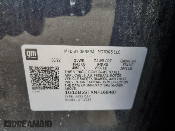 2022 Chevrolet Malibu LS with VIN 1G1ZB5STXNF168487, listed as a Copart auction lot 53100055 with Not Provided miles and Non Repairable. Bid and sale history available at DreamBid. Image 12.