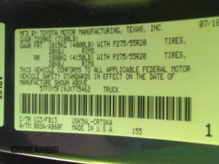 2018 Toyota Tundra SR z VIN 5TFUY5F19JX775462, wystawiony jako IAAI lot #34435962 z przebiegiem 44 563 mil mil oraz . Historia ofert i sprzedaży dostępna na DreamBid. Obrazek 9.