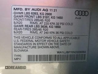 2022 Audi Q7 Premium Plus with VIN WA1LJBF70ND006854, listed as a Copart auction lot 85075634 with 33,480 mi miles and Salvage title. Bid and sale history available at DreamBid. Image 13.
