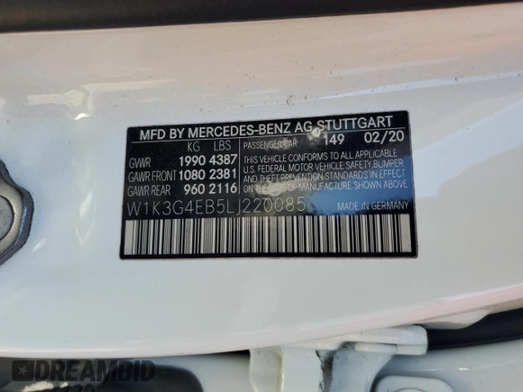 2020 Mercedes-Benz A 220 with VIN W1K3G4EB5LJ220085, listed as a Copart auction lot 52803885 with 58,501 mi miles and Clean Title. Bid and sale history available at DreamBid. Image 12.