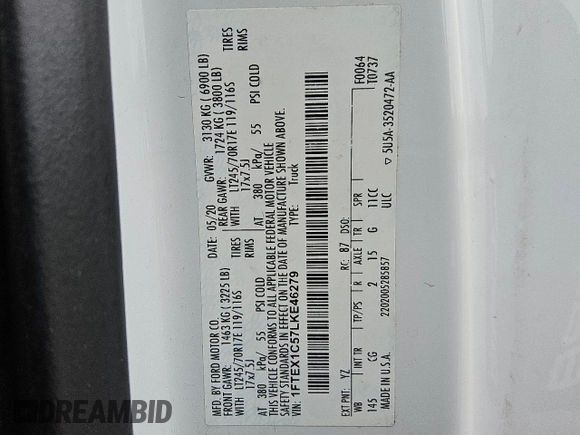 2020 Ford F-150 XL with VIN 1FTEX1C57LKE46279, listed as a Copart auction lot 52134745 with 138,471 mi miles and Clean title. Bid and sale history available at DreamBid. Image 12.