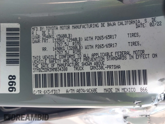 2022 Toyota Tacoma SR5 z VIN 3TMBZ5DN3NM034388, wystawiony jako IAAI lot #42270543 z przebiegiem 179 904 mil mil oraz . Historia ofert i sprzedaży dostępna na DreamBid. Obrazek 9.