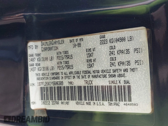 2000 Dodge Dakota с VIN 1B7FL26X1YS606389, выставлен на аукционе IAAI как лот 42365620 с пробегом 142 889 миль миль и . История ставок и продаж доступна на DreamBid. Изображение 9.