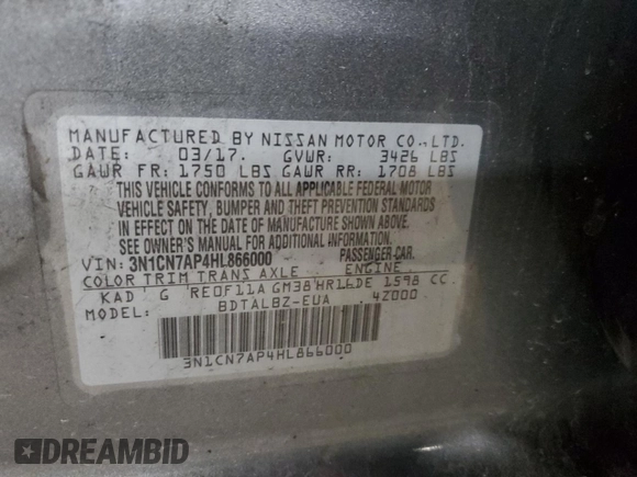 2017 Nissan Versa SV with VIN 3N1CN7AP4HL866000, listed as a Copart auction lot 64009935 with 193,547 mi miles and Clean title. Bid and sale history available at DreamBid. Image 12.