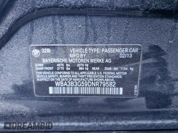 2013 BMW 3 Series 328i xDrive with VIN WBA3B3G59DNR79582, listed as a Copart auction lot 88246045 with 182,466 mi miles and Salvage Title. Bid and sale history available at carsss.com. Image 12.