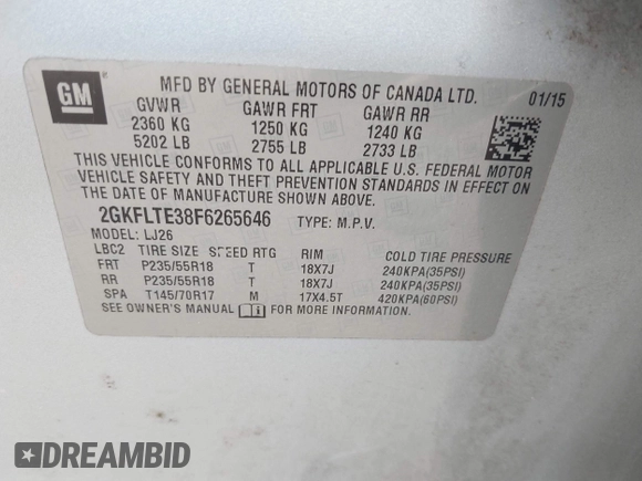 2015 GMC Terrain SLT with VIN 2GKFLTE38F6265646, listed as a IAAI auction lot 42087947 with 171,697 mi miles and . Bid and sale history available at DreamBid. Image 9.