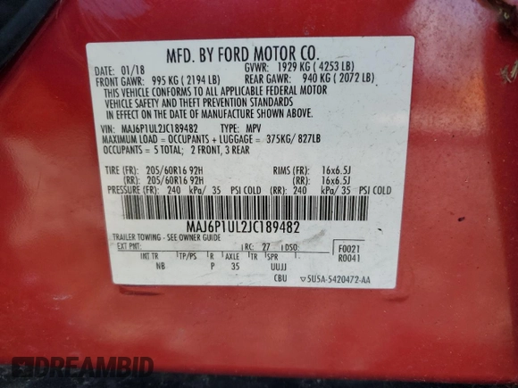 2018 Ford EcoSport SE z VIN MAJ6P1UL2JC189482, wystawiony jako Copart lot #51911295 z przebiegiem 77 647 mil mil oraz Szkoda całkowita • Salvage title. Historia ofert i sprzedaży dostępna na DreamBid. Obrazek 13.