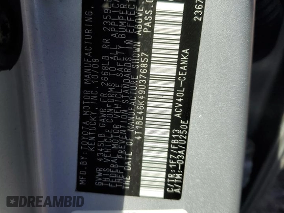 2009 Toyota Camry with VIN 4T1BE46K49U376857, listed as a Copart auction lot 48956855 with 124,827 mi miles and Salvage Title. Bid and sale history available at DreamBid. Image 14.