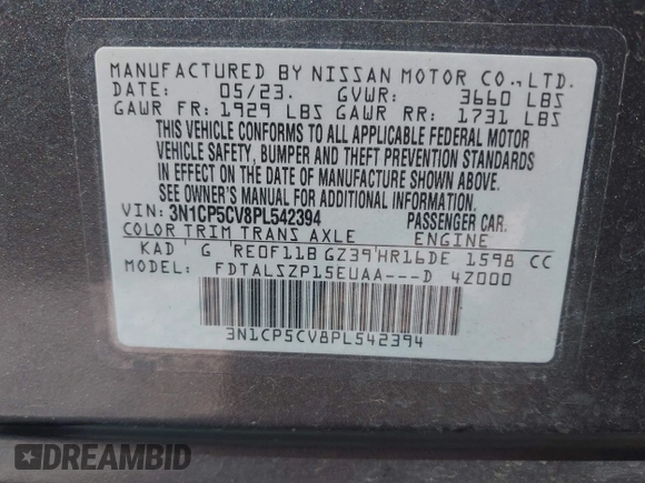 2023 Nissan Kicks SV with VIN 3N1CP5CV8PL542394, listed as a IAAI auction lot 42462163 with 28,017 mi miles and . Bid and sale history available at DreamBid. Image 9.
