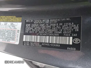 2007 Toyota Camry CE with VIN 4T1BE46K57U642996, listed as a IAAI auction lot 42038206 with 192,369 mi miles and . Bid and sale history available at DreamBid. Image 9.