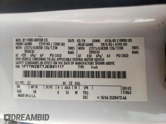 2018 Ford F-250 XL с VIN 1FT7W2BT7JEB81117, выставлен на аукционе Copart как лот 56172315 с пробегом 134 154 миль миль и Списание • Salvage title. История ставок и продаж доступна на DreamBid. Изображение 12.