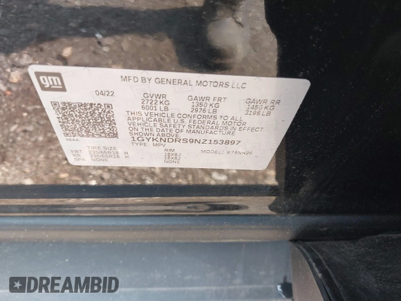 2022 Cadillac XT5 AWD Premium Luxury with VIN 1GYKNDRS9NZ153897, listed as a IAAI auction lot 39837633 with 81,342 mi miles and . Bid and sale history available at DreamBid. Image 9.