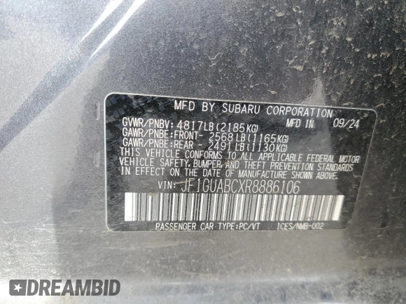 2024 Subaru Impreza with VIN JF1GUABCXR8886106, listed as a Copart auction lot 49258025 with 5,600 mi miles and Salvage title. Bid and sale history available at DreamBid. Image 14.