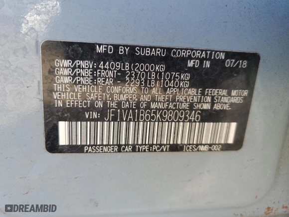 2019 Subaru WRX Premium with VIN JF1VA1B65K9809346, listed as a Copart auction lot 43814465 with 89,692 mi miles and Salvage Title. Bid and sale history available at carsss.com. Image 14.