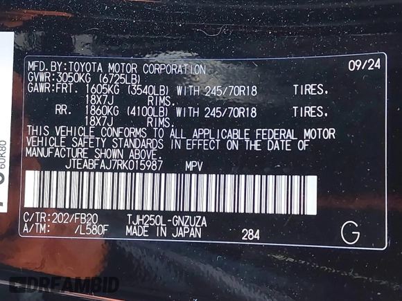 2024 Toyota Land Cruiser z VIN JTEABFAJ7RK015987, wystawiony jako IAAI lot #41168318 z przebiegiem 1662 mil mil oraz . Historia ofert i sprzedaży dostępna na DreamBid. Obrazek 9.