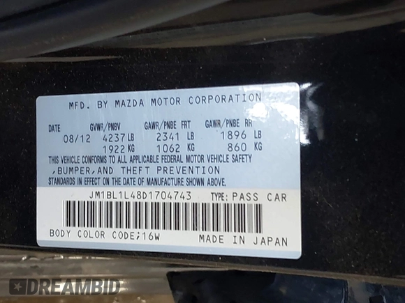 2013 Mazda 3 Mazdaspeed3 Touring with VIN JM1BL1L48D1704743, listed as a IAAI auction lot 42036761 with 124,744 mi miles and . Bid and sale history available at DreamBid. Image 9.
