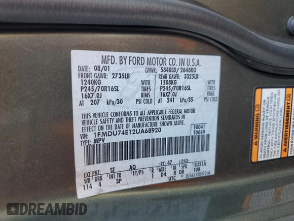 2002 Ford Explorer Eddie Bauer z VIN 1FMDU74E12UA68920, wystawiony jako Copart lot #89291995 z przebiegiem 218 774 mil mil oraz Szkoda całkowita • Salvage title. Historia ofert i sprzedaży dostępna na DreamBid. Obrazek 13.