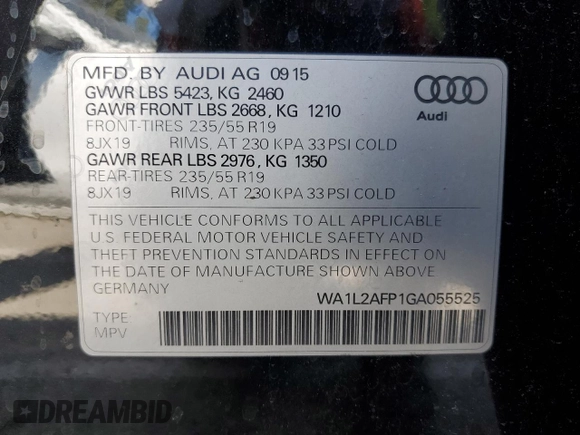2016 Audi Q5 Premium Plus with VIN WA1L2AFP1GA055525, listed as a Copart auction lot 63378905 with 161,308 mi miles and Clean title. Bid and sale history available at DreamBid. Image 12.