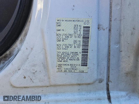 2017 Nissan NV Cargo S z VIN 1N6BF0KM2HN803511, wystawiony jako Copart lot #86592964 z przebiegiem 120 174 mil mil oraz Czysty tytuł • Clean title. Historia ofert i sprzedaży dostępna na DreamBid. Obrazek 13.