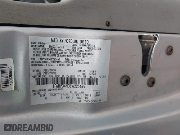 2006 Ford Focus S with VIN 1FAHP34N36W225465, listed as a IAAI auction lot 42670539 with 155,694 mi miles and . Bid and sale history available at DreamBid. Image 9.
