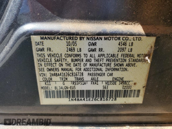 2006 Nissan Maxima 3.5 SL with VIN 1N4BA41E26C816728, listed as a Copart auction lot 49298315 with 416,375 mi miles and Salvage Title. Bid and sale history available at carsss.com. Image 13.