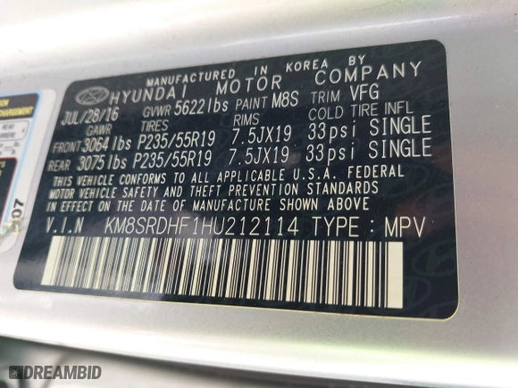 2017 Hyundai Santa Fe Limited Ultimate with VIN KM8SRDHF1HU212114, listed as a IAAI auction lot 41910471 with 135,335 mi miles. Bid and sale history available at carsss.com. Image 9.