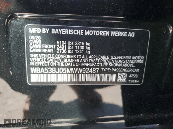 2021 BMW 5 Series 540i with VIN WBA53BJ05MWW92487, listed as a Copart auction lot 57679975 with 53,311 mi miles and Salvage title. Bid and sale history available at DreamBid. Image 13.