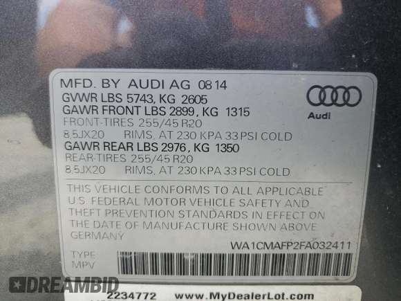 2015 Audi Q5 Premium Plus with VIN WA1CMAFP2FA032411, listed as a Copart auction lot 60981165 with 123,270 mi miles and Salvage title. Bid and sale history available at DreamBid. Image 13.