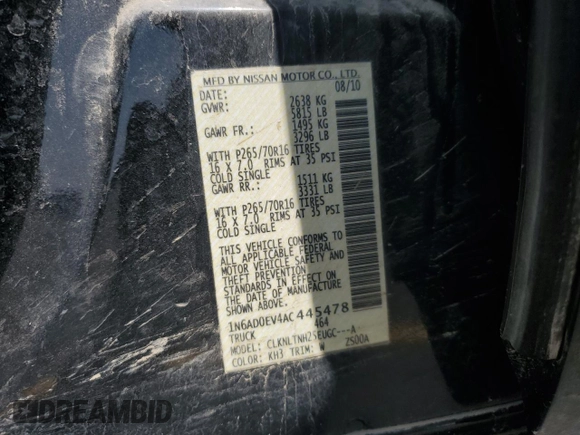 2010 Nissan Frontier SE with VIN 1N6AD0EV4AC445478, listed as a Copart auction lot 61583495 with 49,847 mi miles and Salvage title. Bid and sale history available at DreamBid. Image 12.