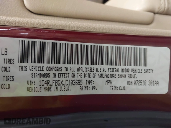 2018 Jeep Grand Cherokee Limited with VIN 1C4RJFBGXJC103685, listed as a IAAI auction lot 41758872 with 61,514 mi miles and . Bid and sale history available at DreamBid. Image 9.
