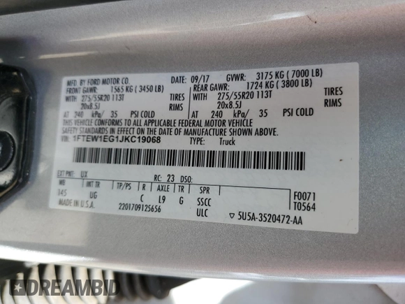 2018 Ford F-150 XL with VIN 1FTEW1EG1JKC19068, listed as a Copart auction lot 52429325 with 149,525 mi miles and Salvage Title. Bid and sale history available at carsss.com. Image 12.