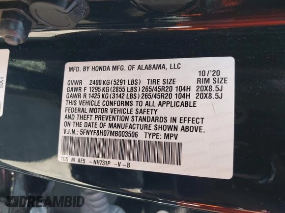 2021 Honda Passport Elite with VIN 5FNYF8H07MB003506, listed as a IAAI auction lot 42571906 with 42,323 mi miles and . Bid and sale history available at DreamBid. Image 9.
