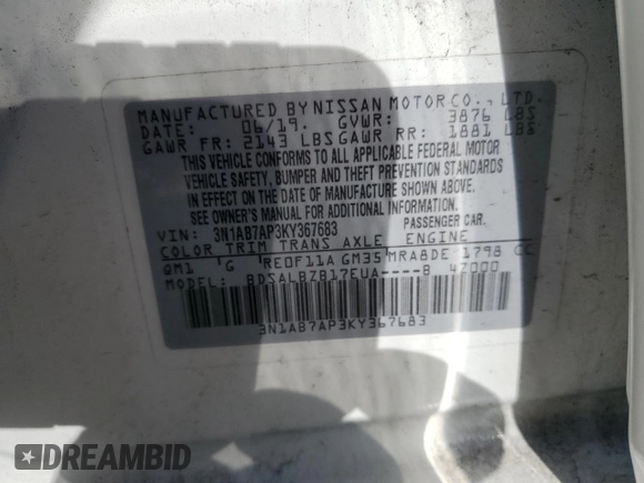 2019 Nissan Sentra S with VIN 3N1AB7AP3KY367683, listed as a Copart auction lot 61405265 with 119,918 mi miles and Non repairable. Bid and sale history available at DreamBid. Image 12.