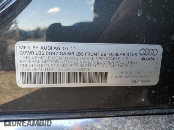 2012 Audi A8 with VIN WAURVAFD8CN004536, listed as a Copart auction lot 45173125 with 143,000 mi miles and Salvage title. Bid and sale history available at DreamBid. Image 14.
