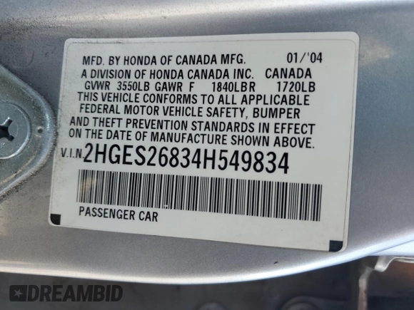2004 Honda Civic EX with VIN 2HGES26834H549834, listed as a Copart auction lot 86941284 with 244,100 mi miles and Clean Title. Bid and sale history available at DreamBid. Image 12.