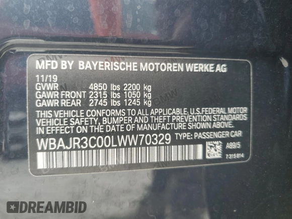 2020 BMW 5 Series 530i with VIN WBAJR3C00LWW70329, listed as a Copart auction lot 62140015 with 26,563 mi miles and Salvage title. Bid and sale history available at DreamBid. Image 12.