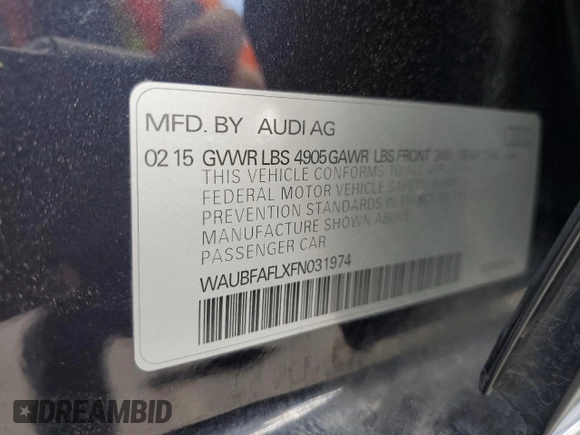 2015 Audi A4 Premium with VIN WAUBFAFLXFN031974, listed as a Copart auction lot 51369285 with 159,560 mi miles and Clean Title. Bid and sale history available at carsss.com. Image 12.