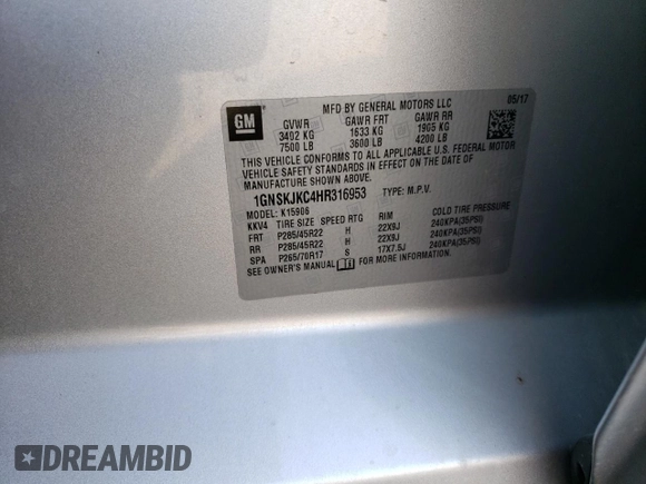2017 Chevrolet Suburban Premier with VIN 1GNSKJKC4HR316953, listed as a Copart auction lot 76944884 with 105,753 mi miles and Salvage Title. Bid and sale history available at DreamBid. Image 13.