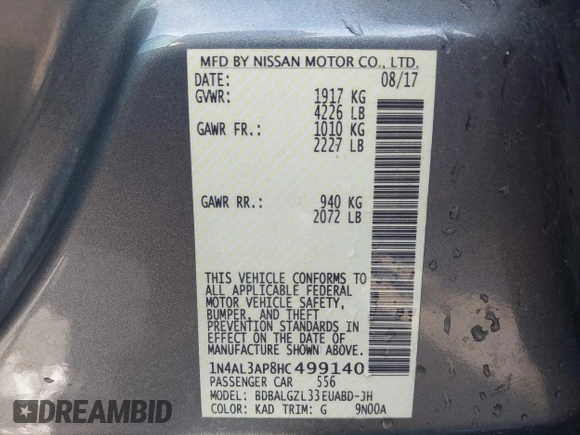 2017 Nissan Altima S z VIN 1N4AL3AP8HC499140, wystawiony jako IAAI lot #42375201 z przebiegiem 166 110 mil mil oraz . Historia ofert i sprzedaży dostępna na DreamBid. Obrazek 9.