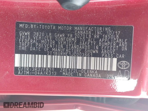 2018 Toyota Corolla L z VIN 2T1BURHE1JC003661, wystawiony jako IAAI lot #42109176 z przebiegiem 114 409 mil mil oraz . Historia ofert i sprzedaży dostępna na DreamBid. Obrazek 9.