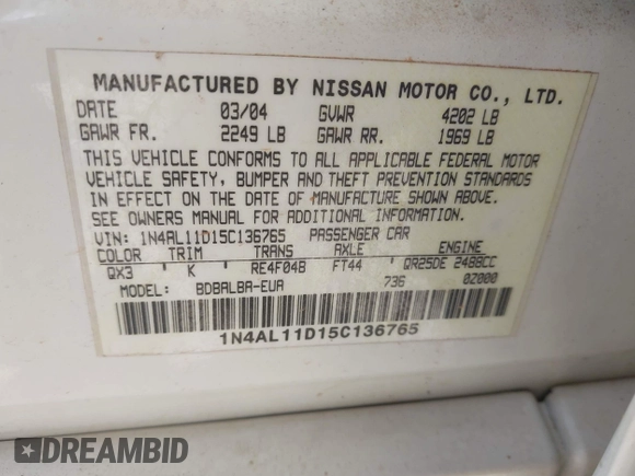 2005 Nissan Altima 2.5 S with VIN 1N4AL11D15C136765, listed as a IAAI auction lot 41944141 with 233,961 mi miles. Bid and sale history available at carsss.com. Image 9.
