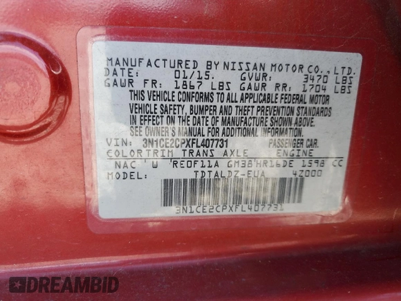 2015 Nissan Note S with VIN 3N1CE2CPXFL407731, listed as a Copart auction lot 55951245 with 133,284 mi miles and Salvage title. Bid and sale history available at DreamBid. Image 12.