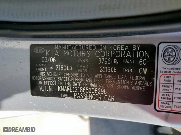 2006 Kia Spectra EX with VIN KNAFE121865306296, listed as a Copart auction lot 52134875 with 126,316 mi miles and Salvage Title. Bid and sale history available at carsss.com. Image 12.