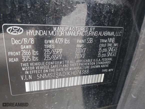 2019 Hyundai Santa Fe SE with VIN 5NMS23AD1KH074388, listed as a IAAI auction lot 41539007 with 123,570 mi miles. Bid and sale history available at carsss.com. Image 9.